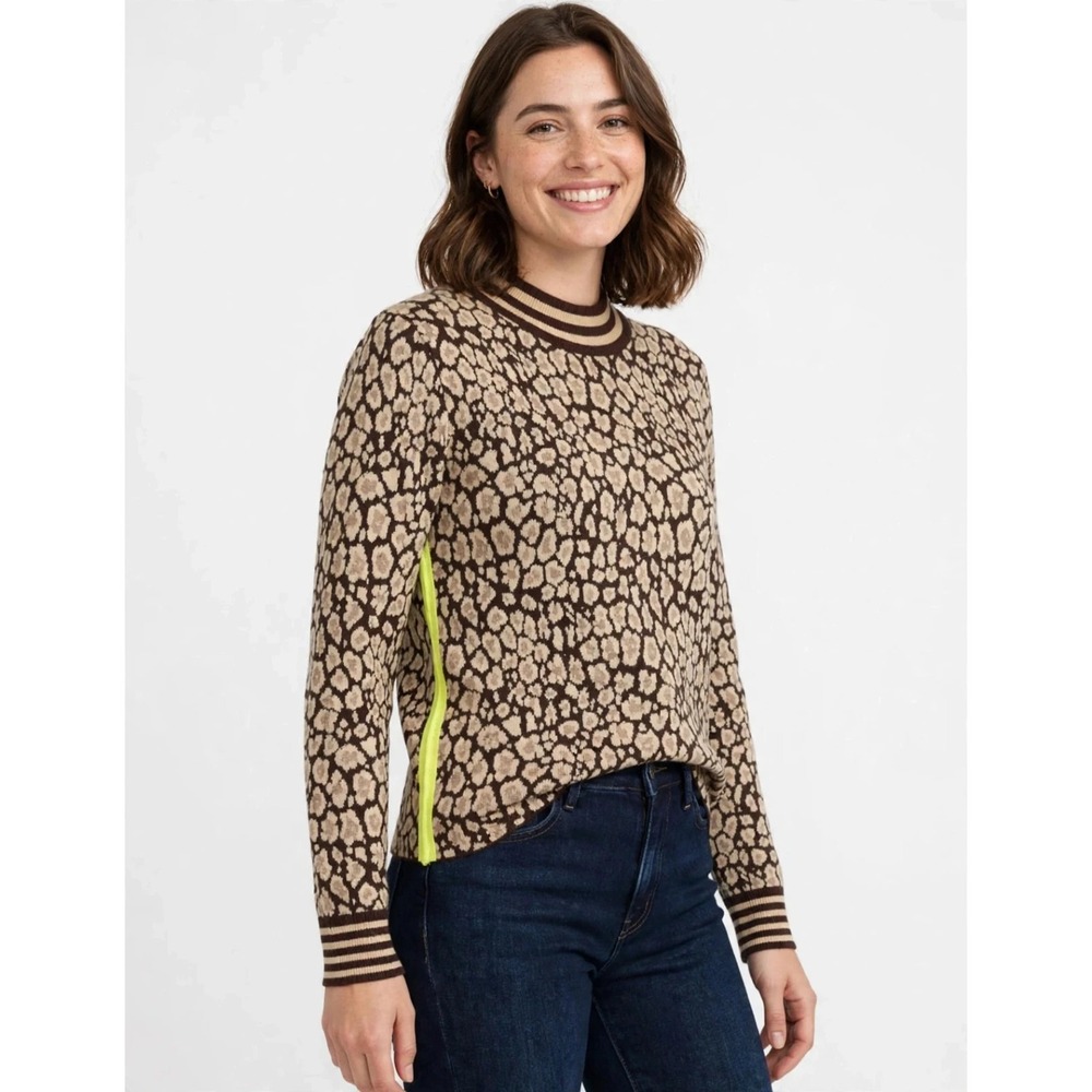 THML Leopard Print Mock Neck Sweater XL Brown Tan Neon Stripe Fall Viscose Blend